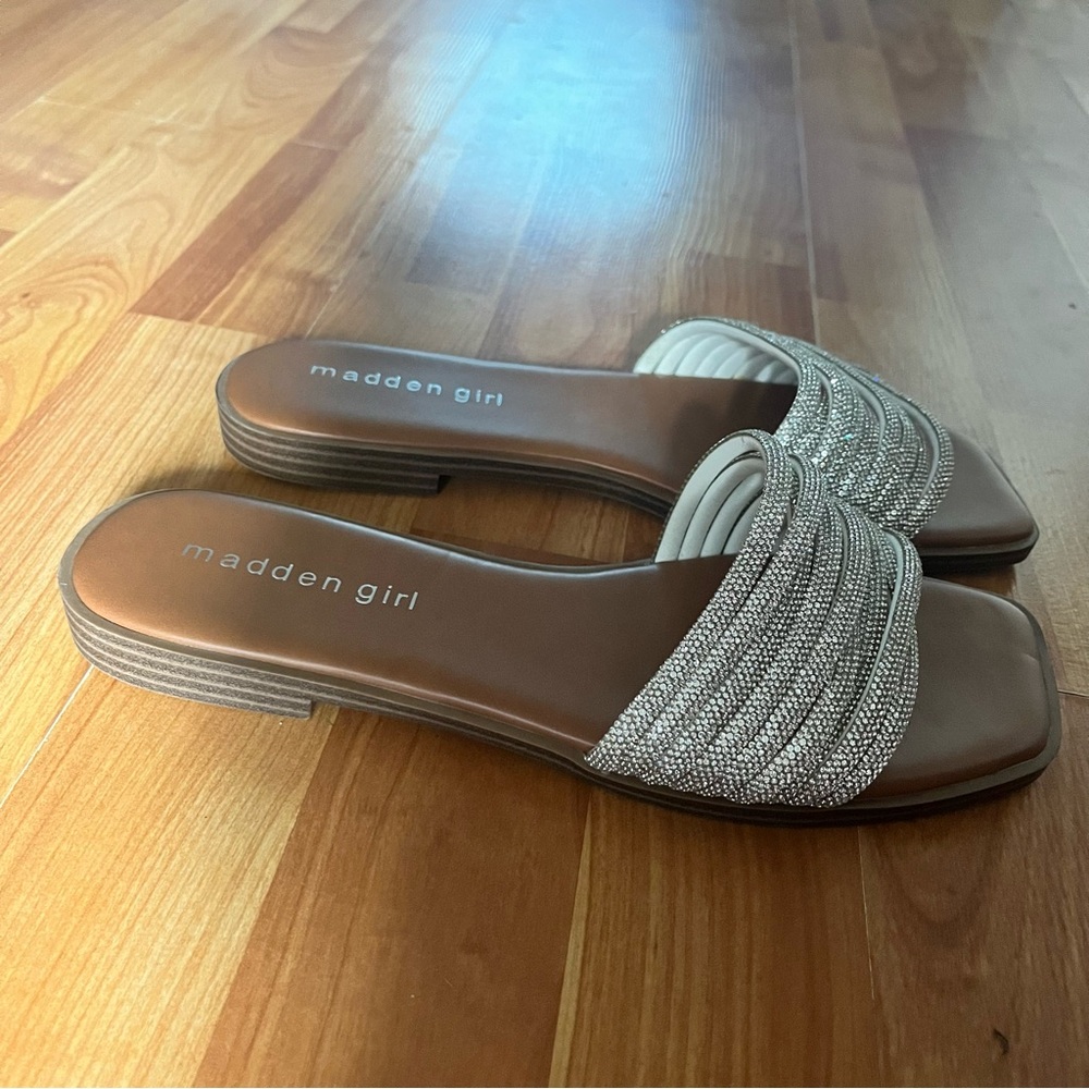 Madden Girl Women's Silver Strappy Rhinestone Slide Sandals